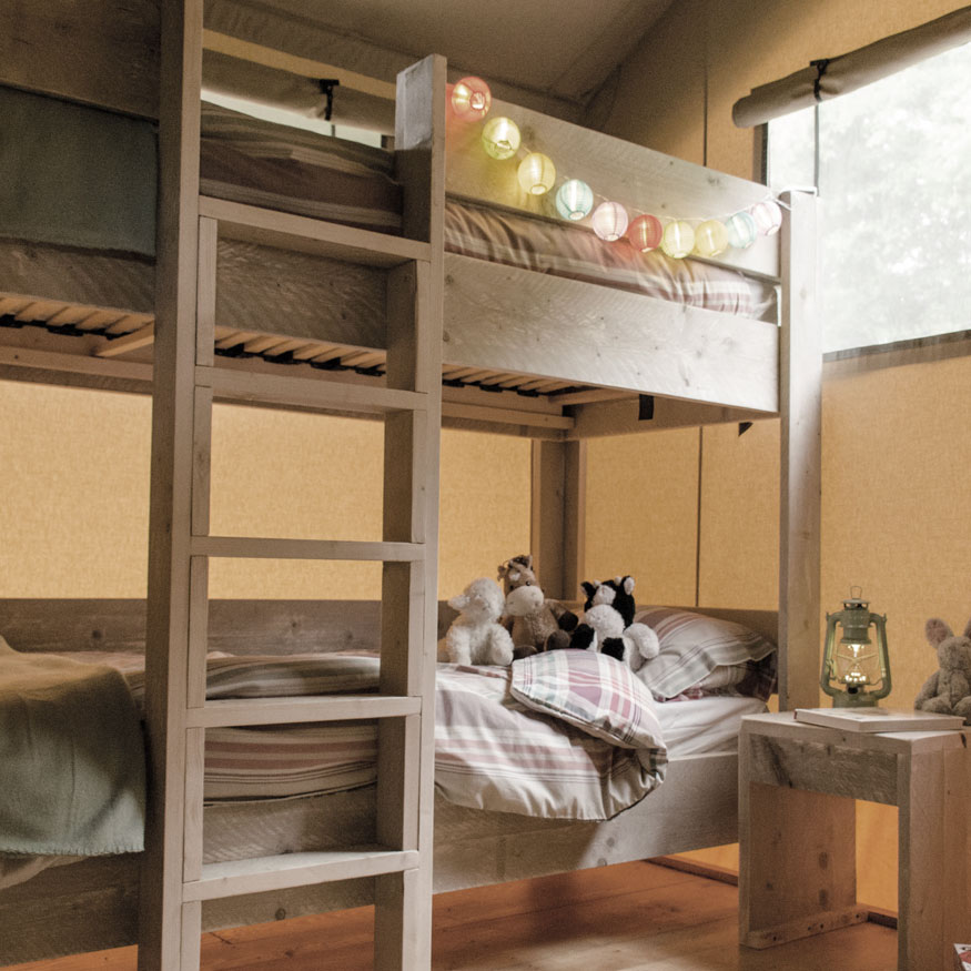 Wooden Framed Safari Tent Bunk Beds, White Reclaimed Wood Bunk Beds