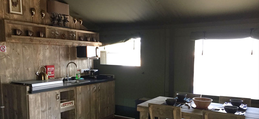 woody safari tent kitchen